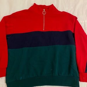 Red blue green striped sweatshirt